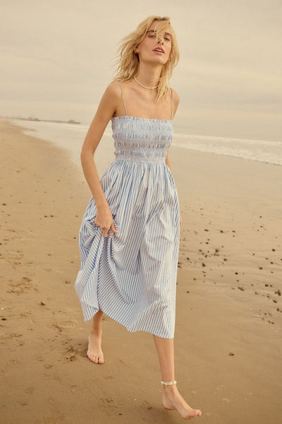 Striped Smocked Midi Dress with Pockets