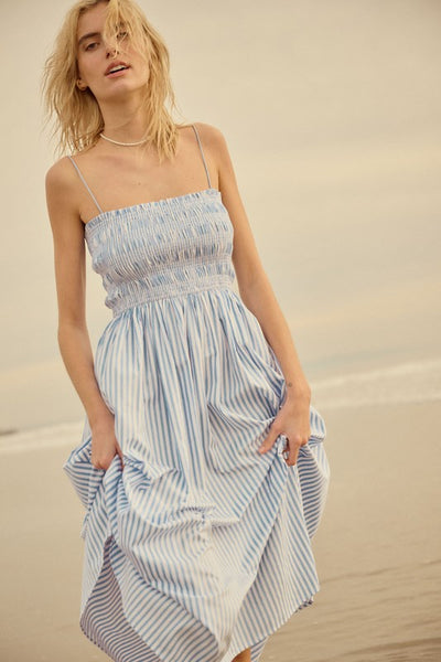 Striped Smocked Midi Dress with Pockets