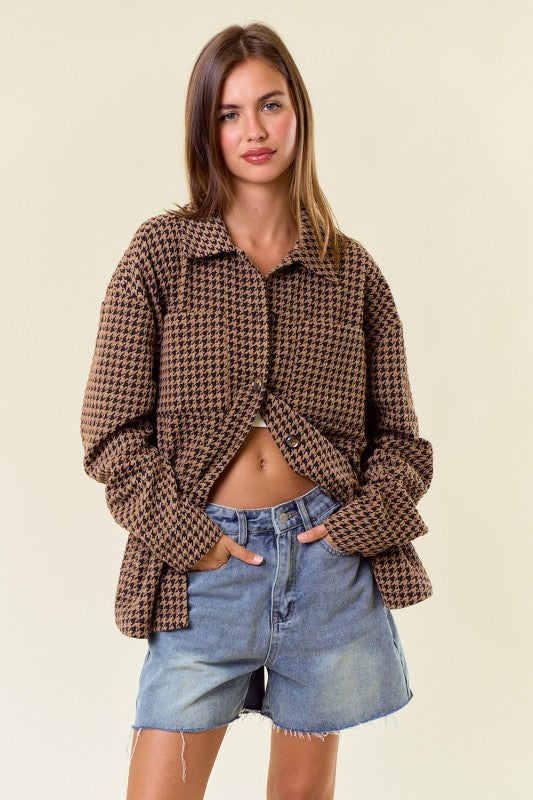 Houndtooth Knit Button Down Shacket with Pockets