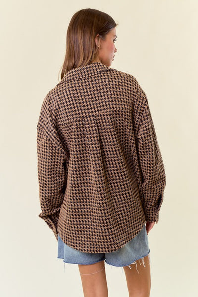 Houndtooth Knit Button Down Shacket with Pockets