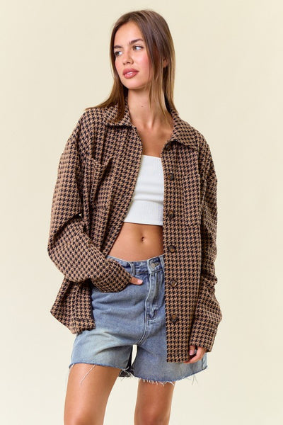 Houndtooth Knit Button Down Shacket with Pockets