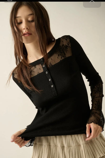 Ribbed Knit and Lace Long-Sleeve Split-Cuff Henley Top
