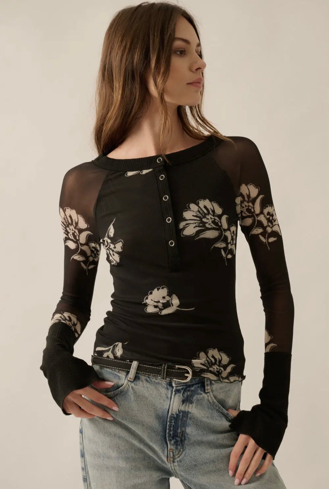 Floral Print Mesh Raglan Top