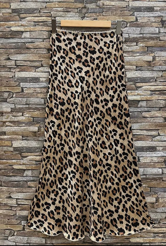Julias Leopard Satin Midi Skirt with Lace Trim