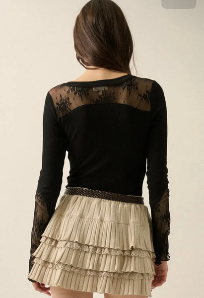 Ribbed Knit and Lace Long-Sleeve Split-Cuff Henley Top
