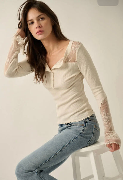 Ribbed Knit and Lace Long-Sleeve Split-Cuff Henley Top