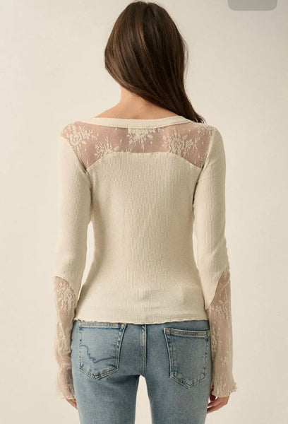 Ribbed Knit and Lace Long-Sleeve Split-Cuff Henley Top