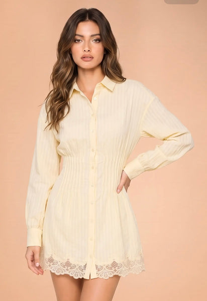Pin Tuck Smocked Waist Lace Hem
Shirt Dress