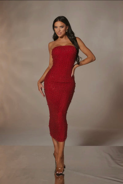 Rhinestone and Pearl Fitted Dress High Stretch
