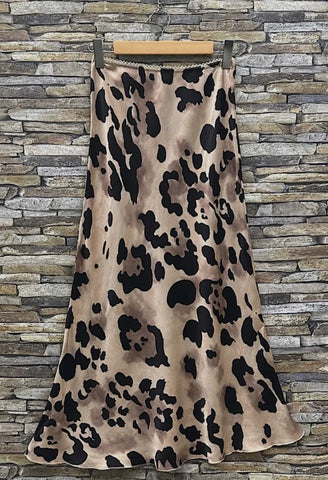 Leannes Leopard Satin Midi Skirt with Lace Trim