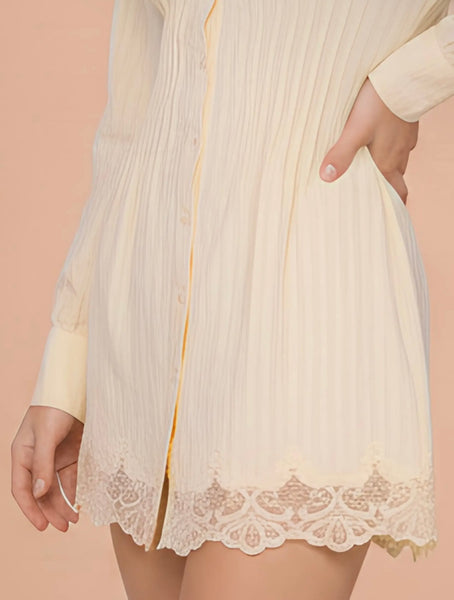Pin Tuck Smocked Waist Lace Hem
Shirt Dress