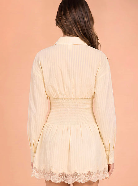 Pin Tuck Smocked Waist Lace Hem
Shirt Dress