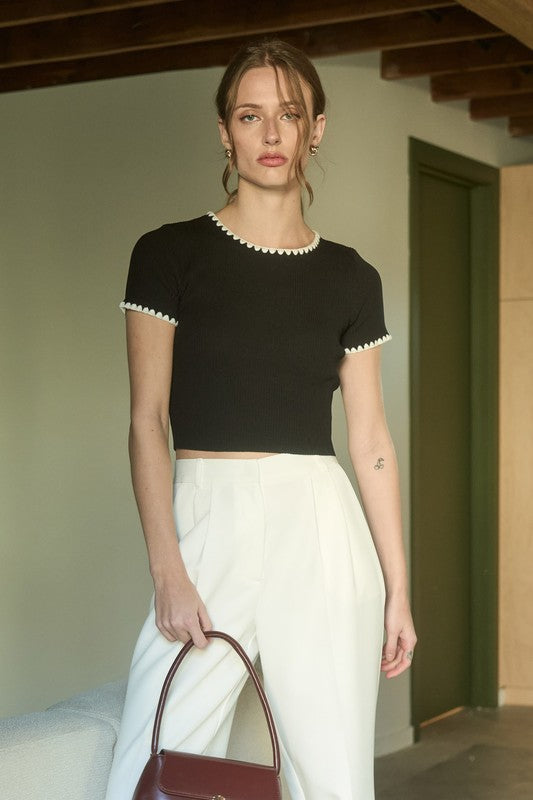 Scalloped Contrast Knit Top