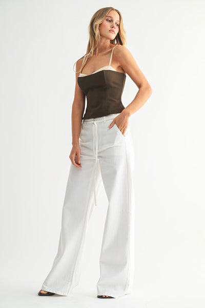 Belted Wide Leg White Denim