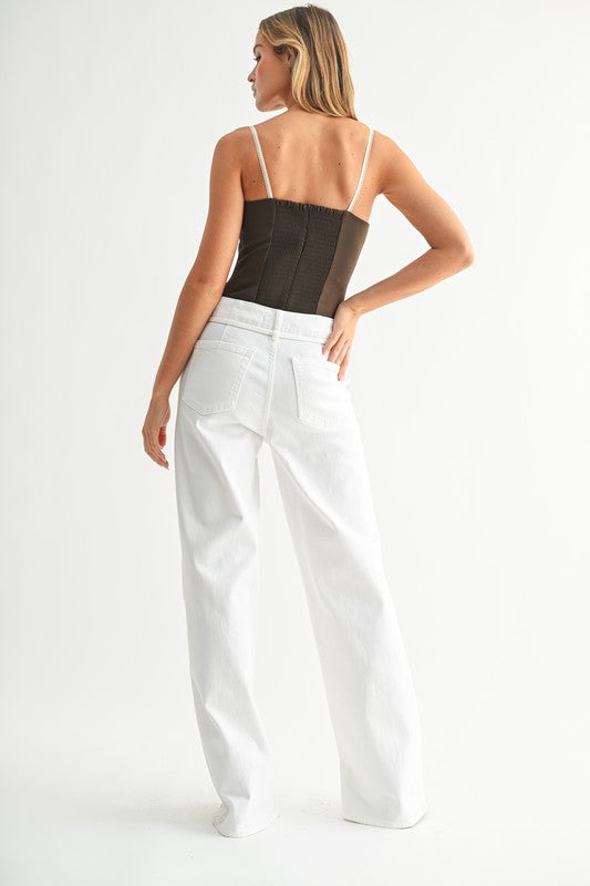 Belted Wide Leg White Denim
