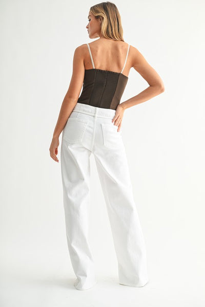Belted Wide Leg White Denim