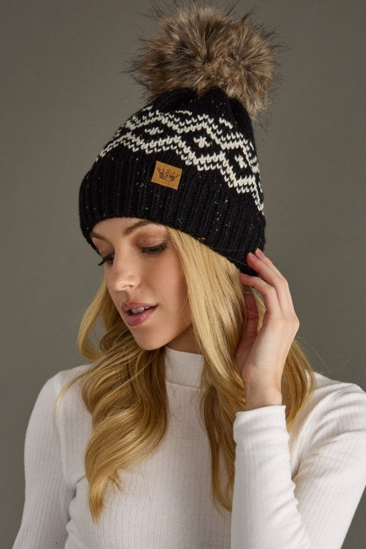 Black and Cream Pattern Pom Hat