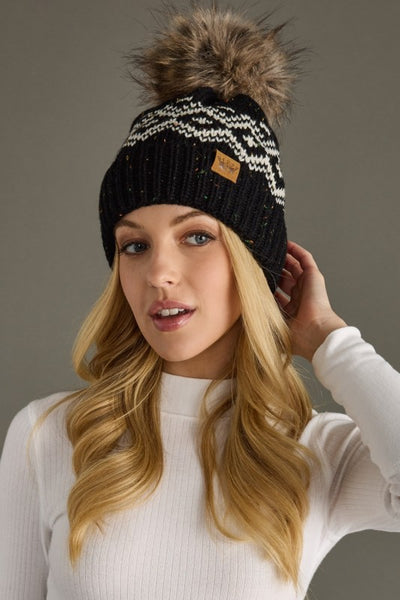 Black and Cream Pattern Pom Hat