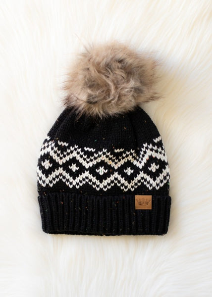 Black and Cream Pattern Pom Hat