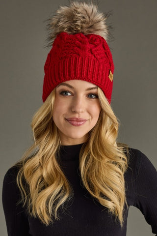 Red Cable Hat with Pom