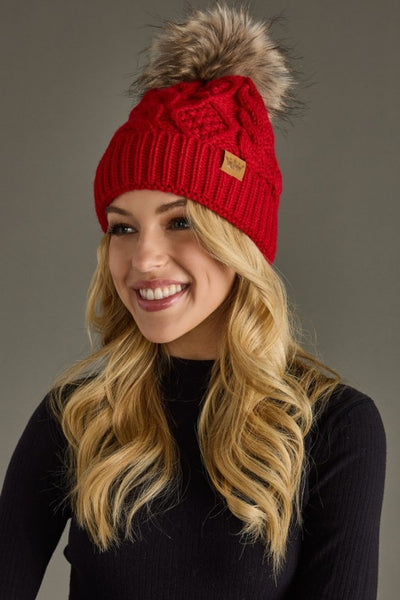 Red Cable Hat with Pom
