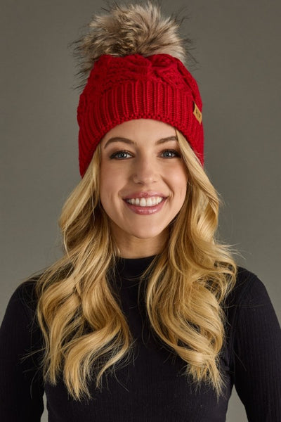 Red Cable Hat with Pom