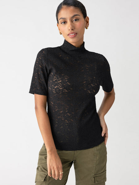 Short Sleeve Lace Mock Neck