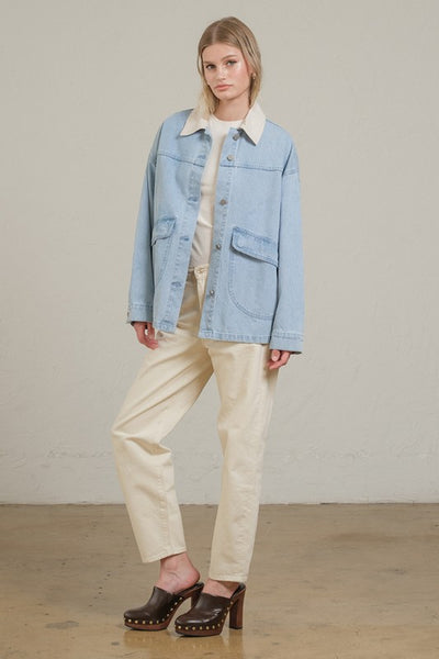 Contrast Collar Light Wash Denim Jacket