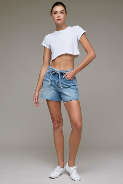 A Line Denim Shorts with Tie Waist