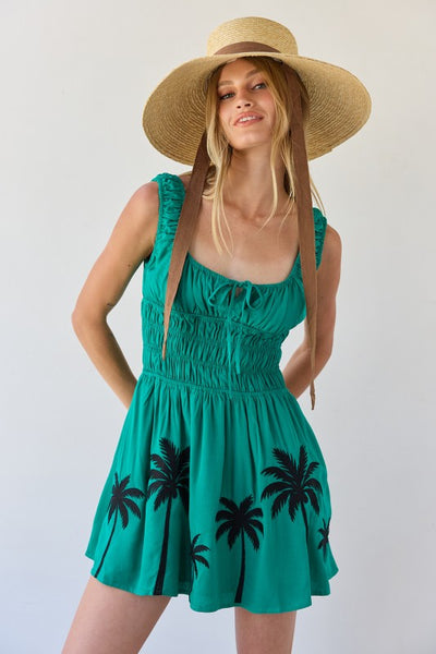 Tropical Palm Embroidered Dress with Pockets