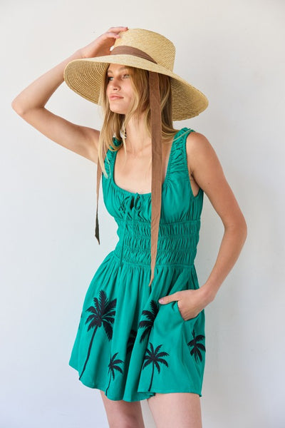 Tropical Palm Embroidered Dress with Pockets