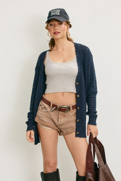 Scalloped V-Neck Cardigan- Navy
