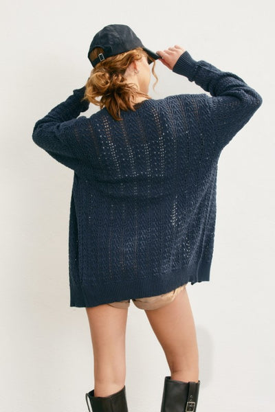 Scalloped V-Neck Cardigan- Navy