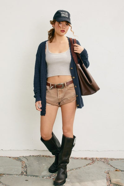 Scalloped V-Neck Cardigan- Navy