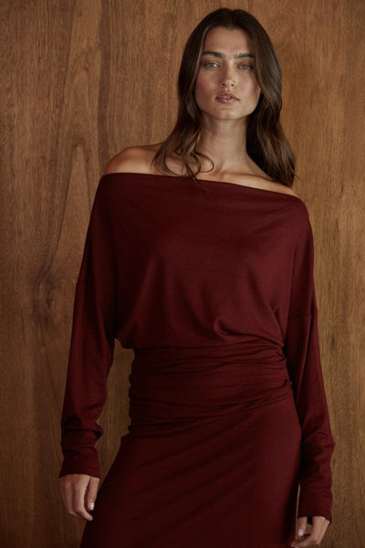 Boat Neck Long Sleeve Pullover Top - Burgandy