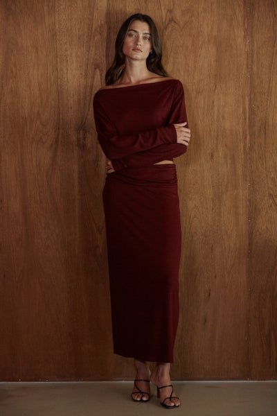 Boat Neck Long Sleeve Pullover Top - Burgandy