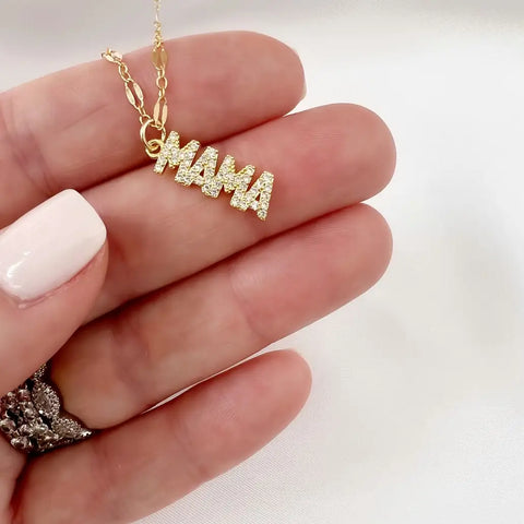 Mama Pave Cz Necklace Gold Filled