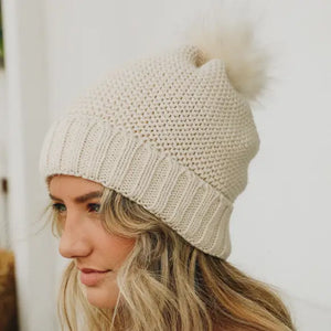 Chunky Knit Pom Beanie with Faux Sherpa Lining