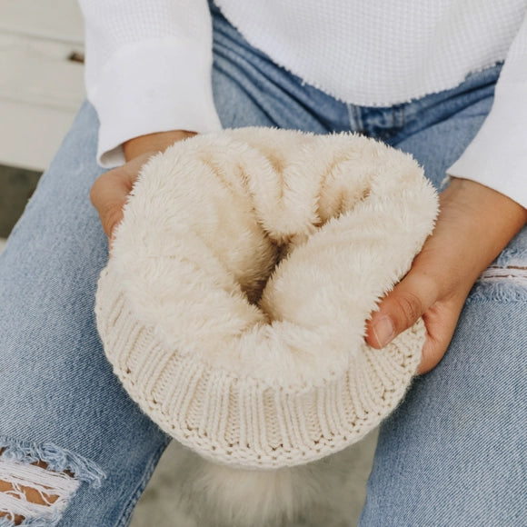 Chunky Knit Pom Beanie with Faux Sherpa Lining