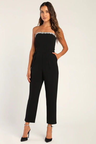 Fabulous Times Black Rhinestone Strapless Straight Leg Jumpsuit